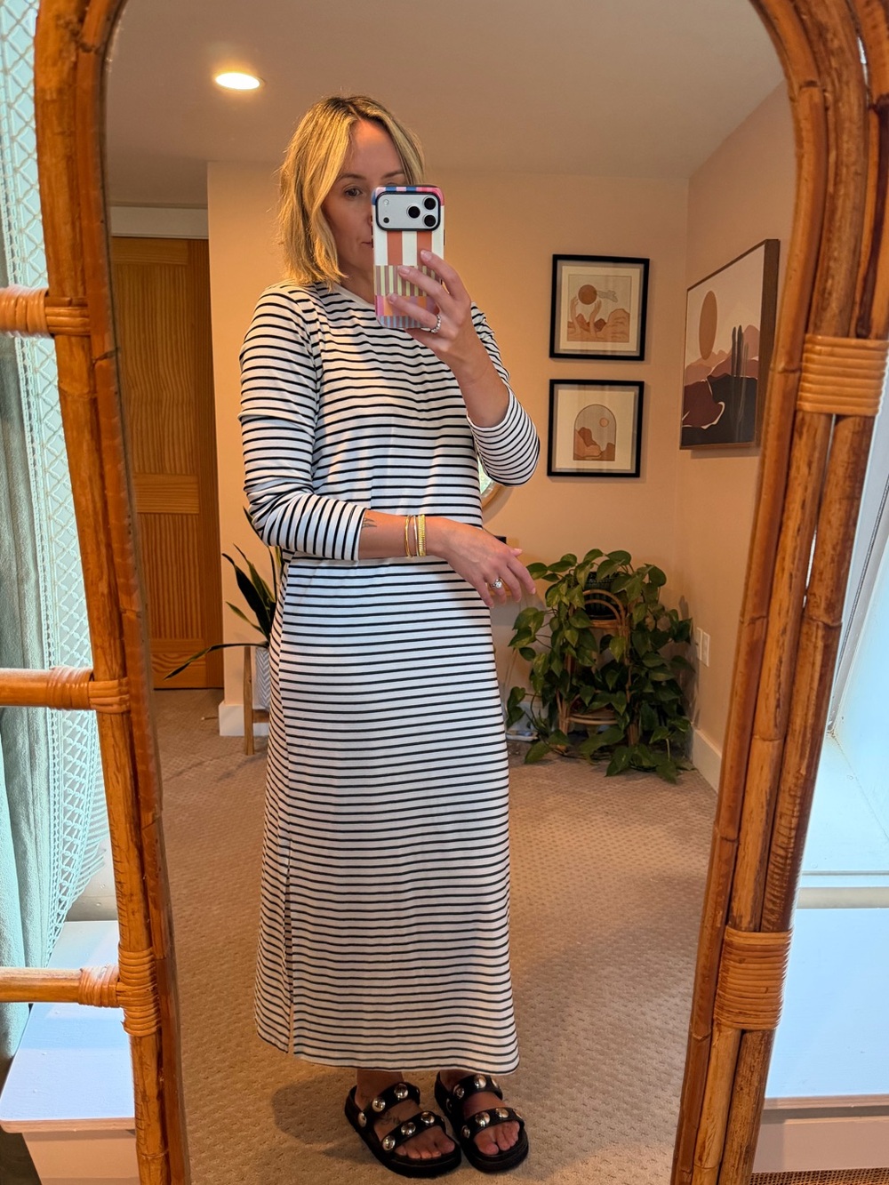 Striped Long Sleeve Maxi Dress - Black & White